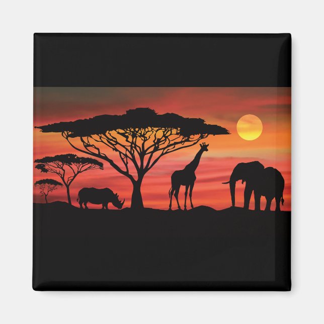 Imán Animales africanos y puesta de sol (Frente)