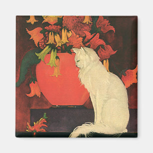 Imán Animales Antiguos, Gato Blanco Elegante, Flores de