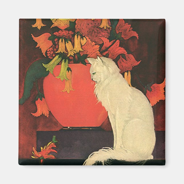 Imán Animales Antiguos, Gato Blanco Elegante, Flores de (Frente)