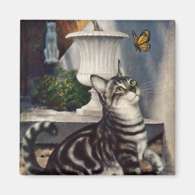 Imán Animales de época, mariposa de gato de carne picad (Frente)