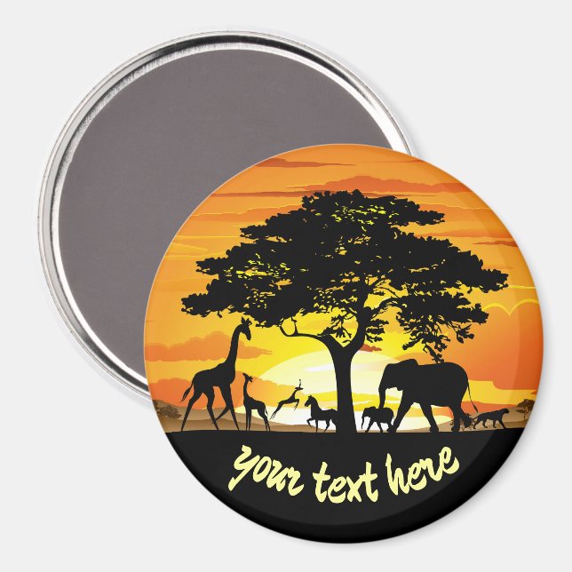 Imán Animales salvajes al atardecer en la sabana africa (Anverso/Reverso)