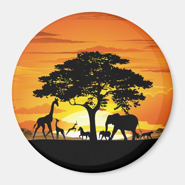 Imán Animales salvajes al atardecer en la sabana africa (Frente)