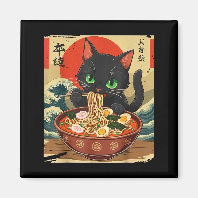 Imán Anime Cat Eating Ramen Japanese Art Graphic Cat Cu (Frente)