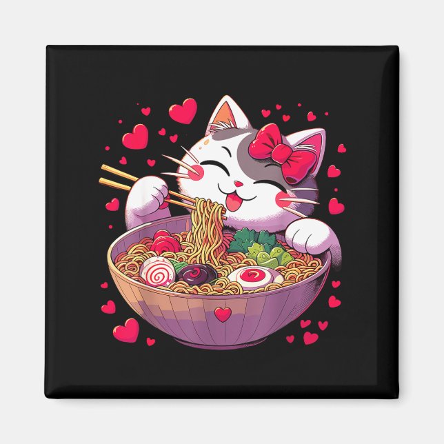 Imán Anime Cat Eating Ramen Noodles With Hearts Valenti (Frente)