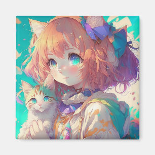 Imán Anime Chica sostiene un gatito adorable