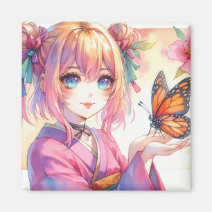 Imán Anime Chica sostiene una mariposa