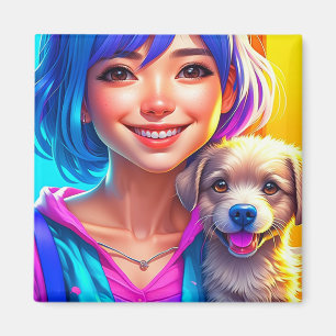 Imán Anime Chica y cachorro perro