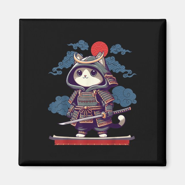 Imán Anime del gato japonés samurai tattoo Kawaii Ninja (Frente)