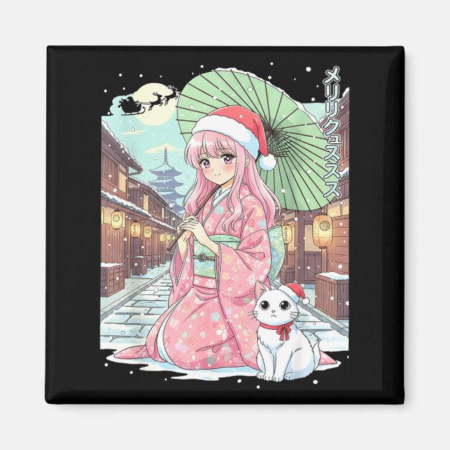 Imán Anime Kimono Girl Christmas Japan Cat Xmas Japan A (Frente)