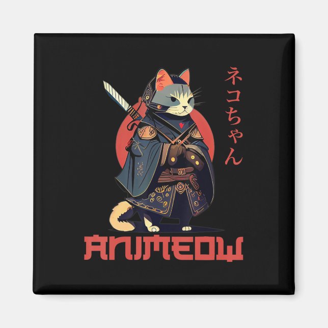 Imán ANIMEOW Divertido Cuto Samurai Kawaii Cat Ninja Co (Frente)