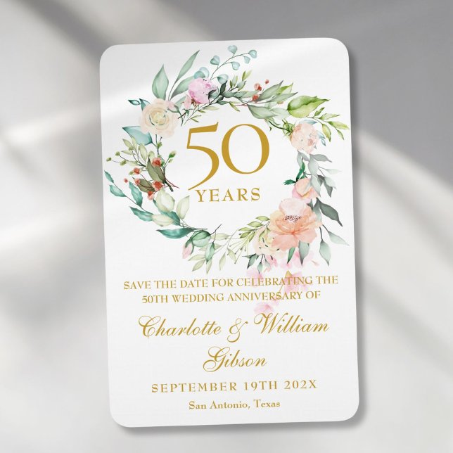 Imán Aniversario de Bodas de Oro - Salva la Fecha Rosa  (50th Wedding Anniversary Save the Date Rose Floral Magnet)