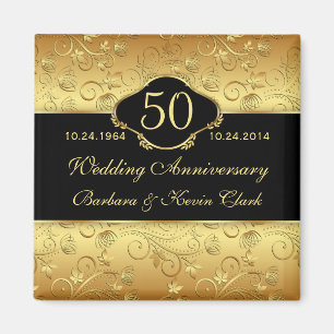 Imán Aniversario del Boda 50 negro dorado floral