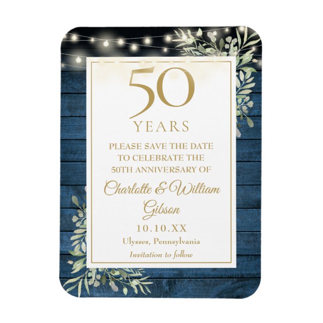 Imán Aniversario número 50 Blue Rustic Wood Save The Da (Vertical)