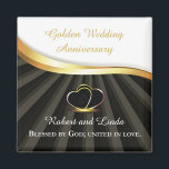 Imán Aniversario religioso Boda de Oro 50<br><div class="desc">Este regalo de felicitaciones es la manera perfecta de conmemorar el 50 aniversario de un boda de la pareja con un toque religioso. El diseño presenta dos anillos de corazón entrelazados con una mirada dorada sobre un fondo negro, simbolizando el amor y el compromiso duraderos de la pareja. Esto evoca...</div>
