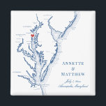Imán Annapolis Maryland Chesapeake Bay Map Boda<br><div class="desc">¡Pedidos rápidos y fáciles! Estos imanes de mapa de Annapolis Maryland hacen grandes favores de boda para incluirlos en sus bolsos de bienvenida de bodas de destino de Annapolis. Mueva el corazón haciendo clic en "Editar usando herramienta de diseño" en "Personalizar". Diseñado tanto para viajes de negocios como de ocio,...</div>