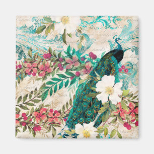 Imán Antiguo Grunge Ilustrado de Pavo Real y Flores
