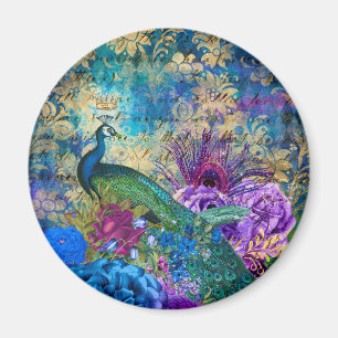 Imán Antique Illustrated Peacock & Flowers Grunge