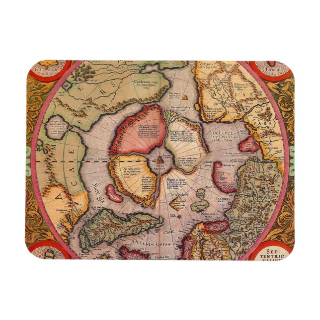 Imán Antique Old World Map, Arctic North Pole, 1595 (Horizontal)