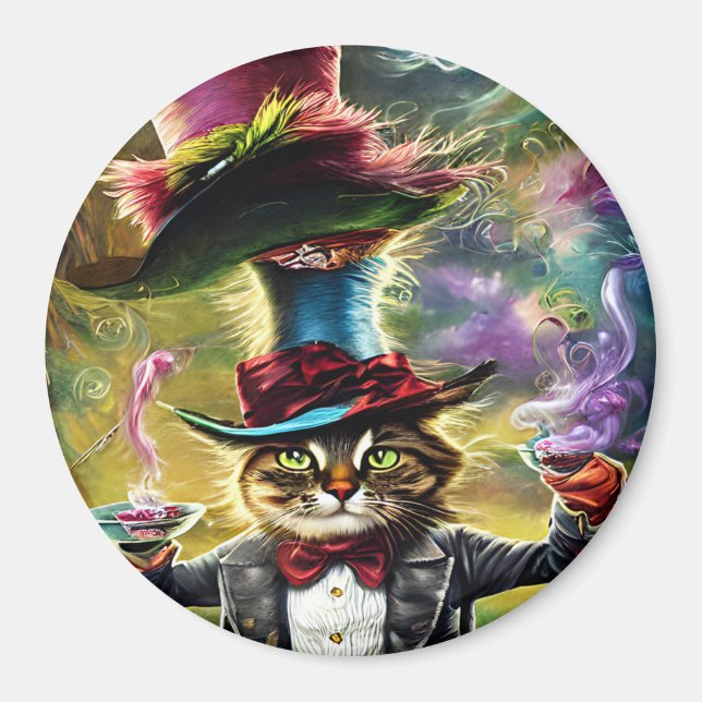 Imán antropomórfico Cat Mad Hatter Fantasy Fairytale (Frente)
