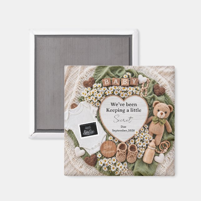 Imán Anuncio de embarazo de osito boho neutral (Anverso/Reverso)