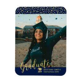 Imán Anuncio de graduación con foto dorado y azul marin