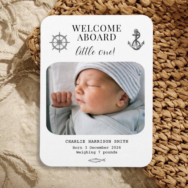 Imán Anuncio de nacimiento de bebé con tema náutico (Nautical themed Baby Birth Announcement Magnet)