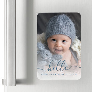 Imán Anuncio de nacimiento de bebé niño foto azul hola