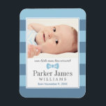 Imán Anuncio de nacimiento de foto de nuestro pequeño h<br><div class="desc">Anuncie la llegada de su bebé con estilo con imanes clásicos y simples de anuncios de nacimiento que incluyen una foto de su bebé enmarcada por rayas horizontales preampilleras y un acento de diseño de corbata de arco. Azul,  pizarra,  gris carbón vegetal y blanco.</div>