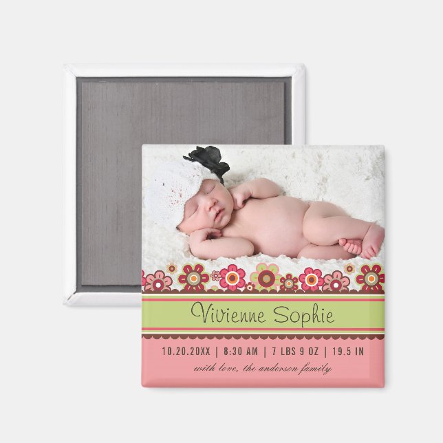 Imán Anuncio de nacimiento de niña con foto de margarit (Anverso/Reverso)
