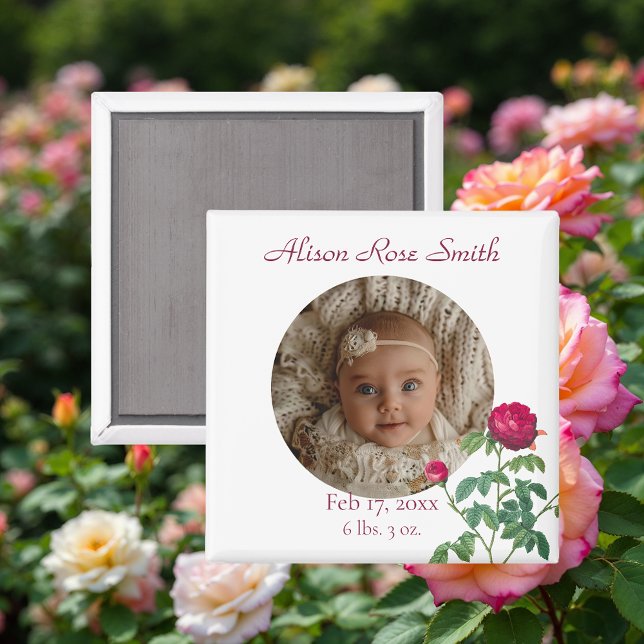 Imán Anuncio de nacimiento de niña Vintage Rose Baby Gi (Subido por el creador)