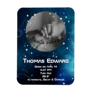 Imán Anuncio de nacimiento del espacio exterior azul pr