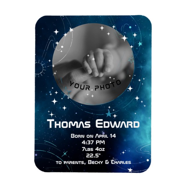 Imán Anuncio de nacimiento del espacio exterior azul pr (Vertical)