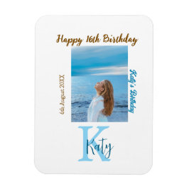 Imán Aqua azul marrón feliz nombre de foto de 16 años