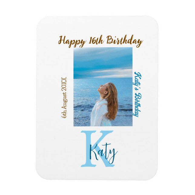 Imán Aqua azul marrón feliz nombre de foto de 16 años (Vertical)