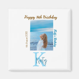 Imán Aqua azul marrón feliz nombre de foto de 16 años