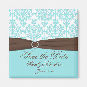 Imán Aqua Blue, Brown, White Damask Save the Date