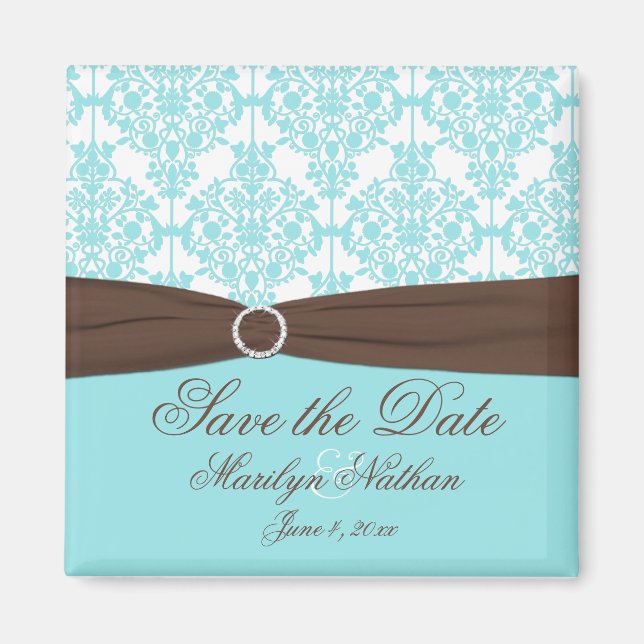 Imán Aqua Blue, Brown, White Damask Save the Date (Frente)