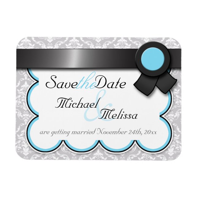 Imán Aqua Blue & Grey Damask Save the Date Flat Magnet (Horizontal)