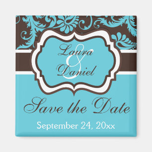 Imán Aqua, Brown, White Damask Save the Date Magnet