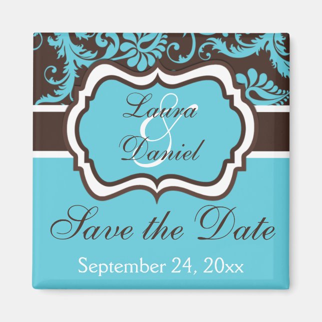 Imán Aqua, Brown, White Damask Save the Date Magnet (Frente)
