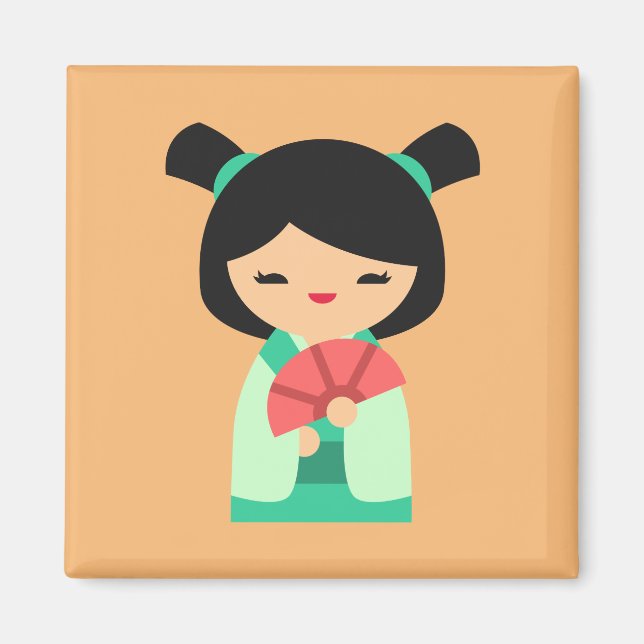 Imán Aqua peach Kokeshi muñecas japonesas (Frente)