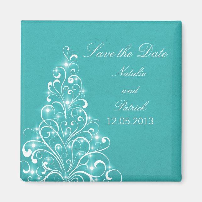 Imán Aqua Sparkly Holiday Tree Save the Date Magnet (Frente)