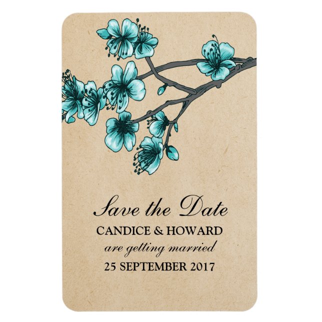 Imán Aqua Vintage Cherry Blossoms Save the Date (Vertical)