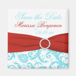 Imán Aqua, White y Red Damask Save the Date Magnet