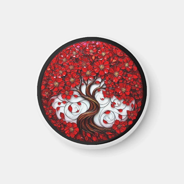 Imán Árbol de flores rojas vibrantes con detalles elega (Frente)