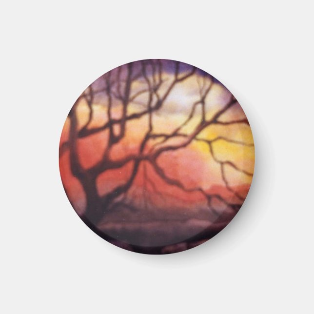 Imán Árbol de invierno desnudo con intenso atardecer (Frente)