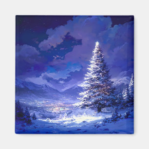 Imán Árbol de Navidad Brillante Paisaje de Montaña Neva
