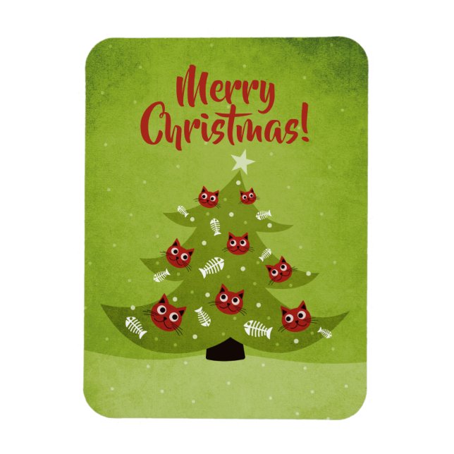 Imán Árbol De Navidad Con Ornamentos De Gato Y Pescado (Vertical)