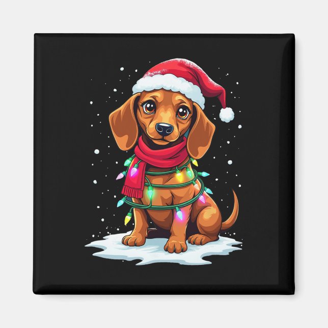 Imán Árbol de Navidad de Dachshund Cute Santa Hat Luces (Frente)