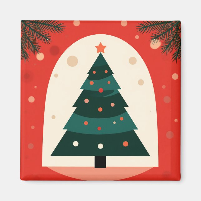 Imán Árbol de Navidad verde con fiesta roja (Frente)